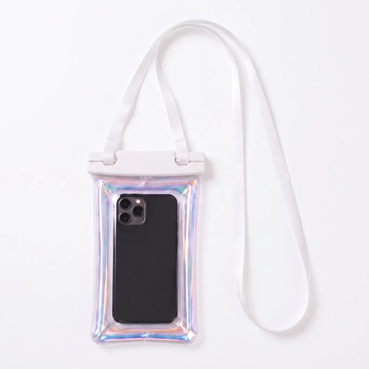 Hands-free waterproof phone pouch with neck strap for easy access during water activities.