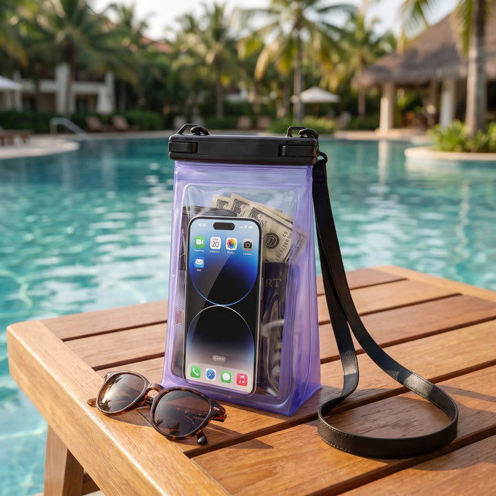 Clear waterproof phone pouch with touchscreen access, ideal for beach, swimming, and water sports. Keeps essentials dry.