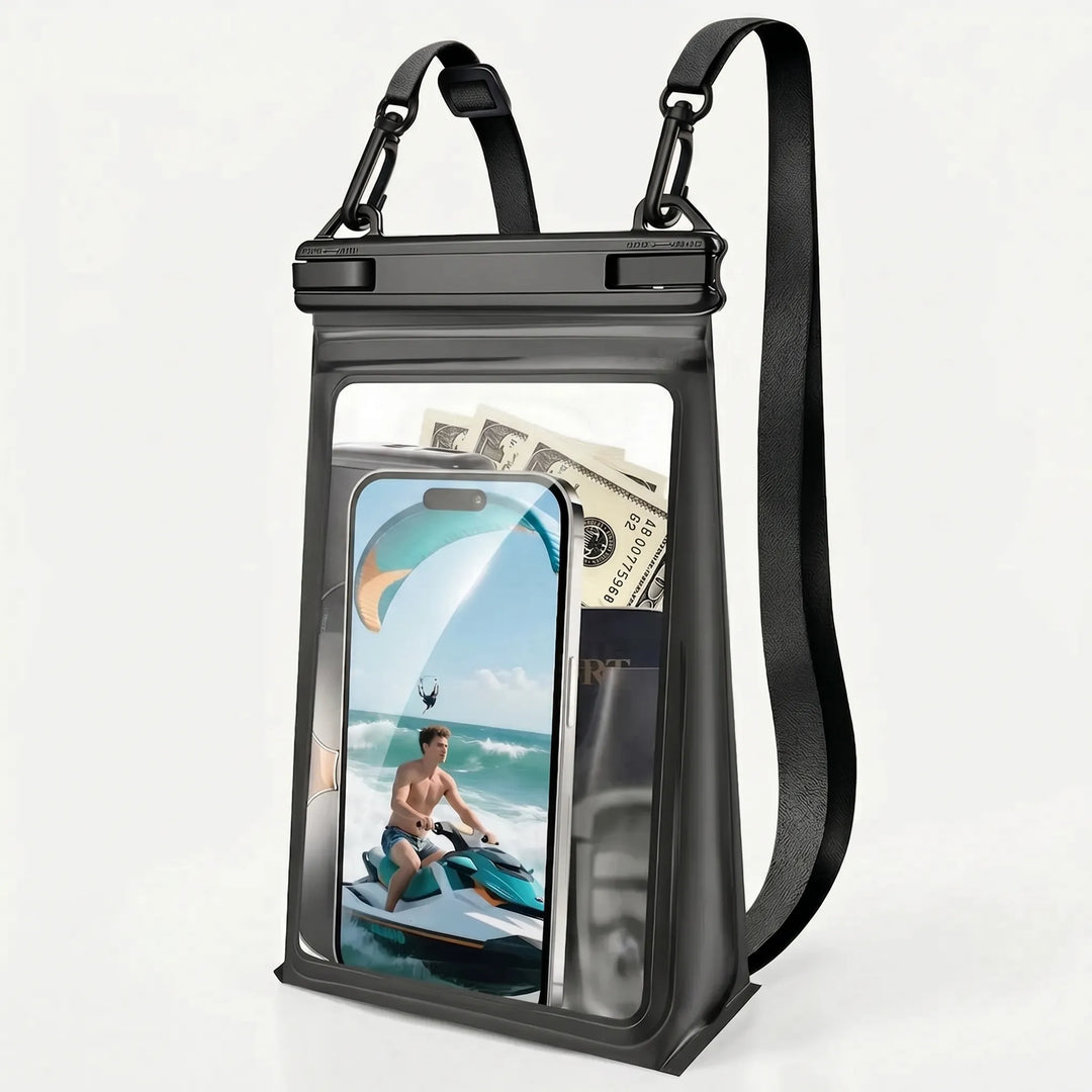 Durable clear waterproof phone pouch & dry bag, perfect for beach, swim gear, & protecting essentials from water.