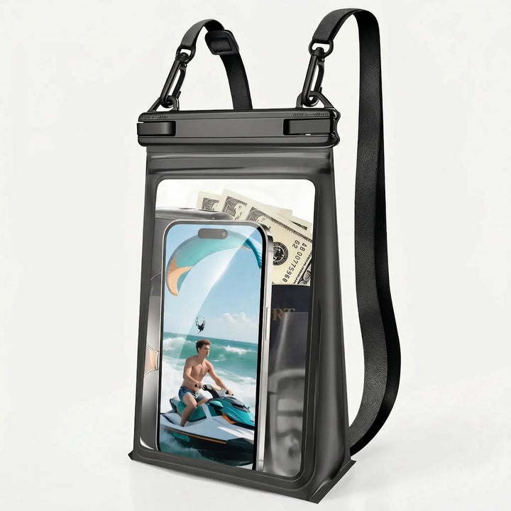 Durable clear waterproof phone pouch & dry bag, perfect for beach, swim gear, & protecting essentials from water.
