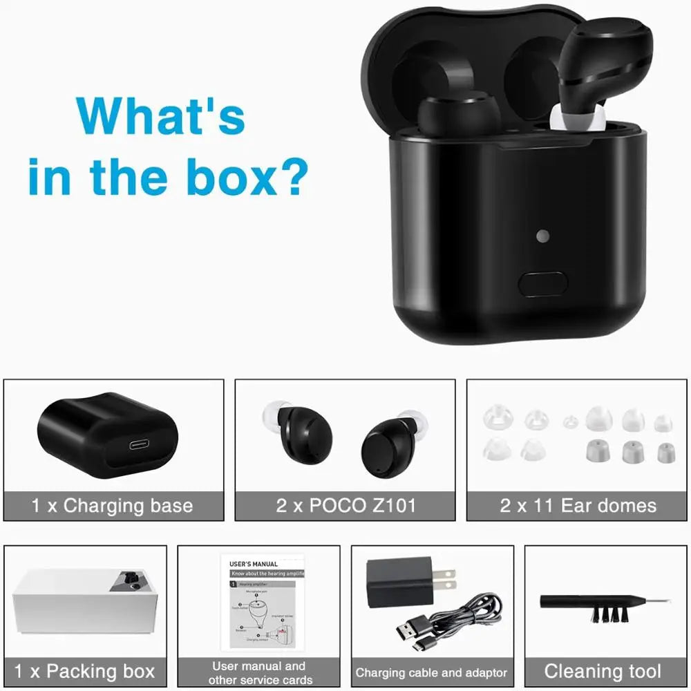 Set of ClearTone rechargeable CIC digital hearing aids with charging case, ready for adult use and easy storage.