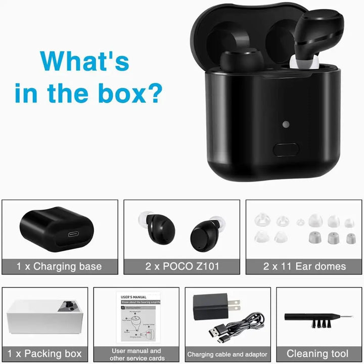 Set of ClearTone rechargeable CIC digital hearing aids with charging case, ready for adult use and easy storage.