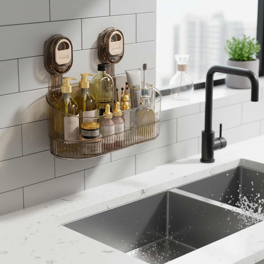 Clearvo suction cup shelf for bathroom, organizing toiletries without drilling; durable plastic