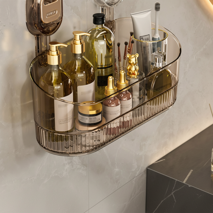 No drill suction cup shelf, perfect for decluttering bathroom essentials & organizing home