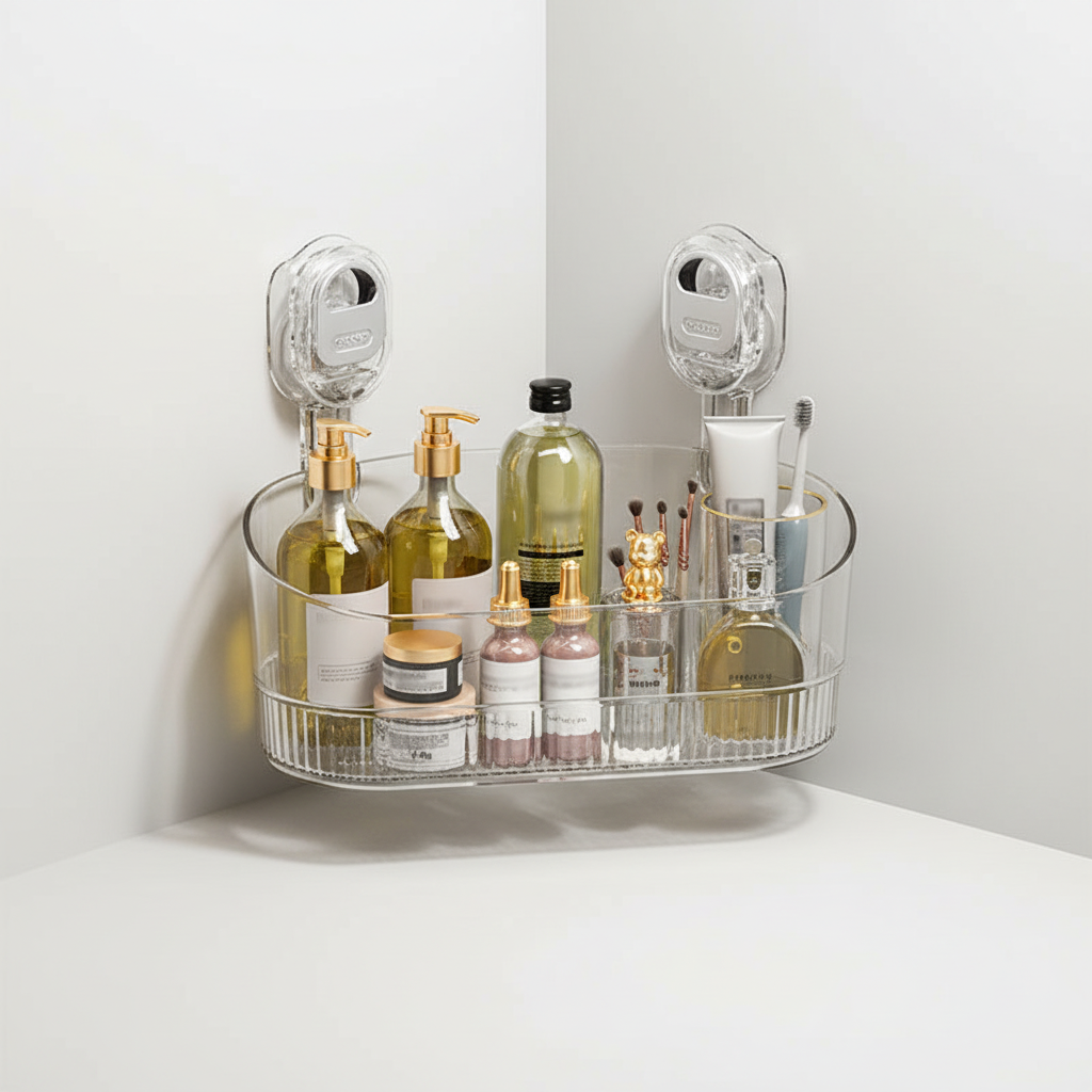 Wall mounted plastic storage shelf with strong suction cups, suitable for kitchens & bathrooms