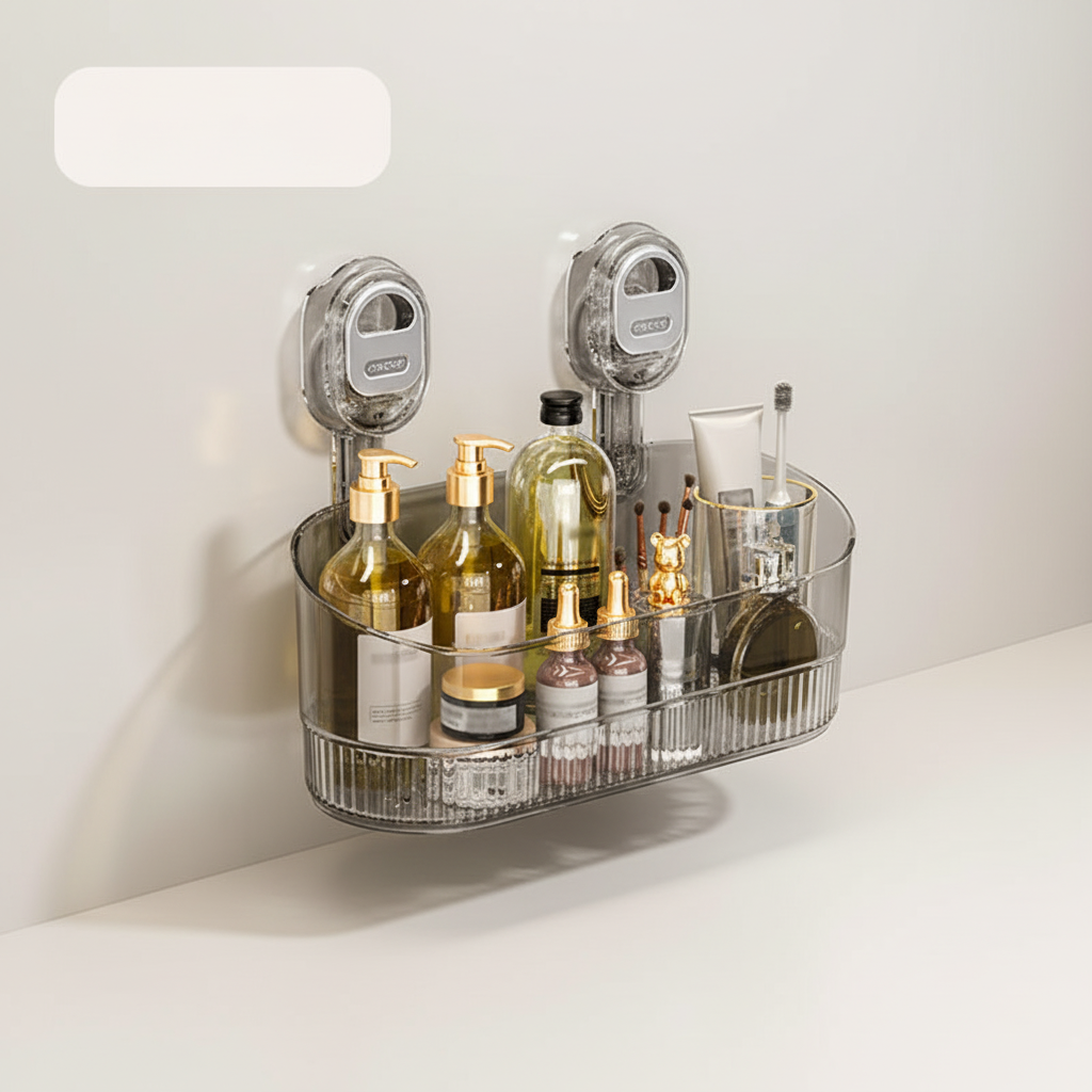 Durable Clearvo suction cup organizer for shower or kitchen, provides convenient storage