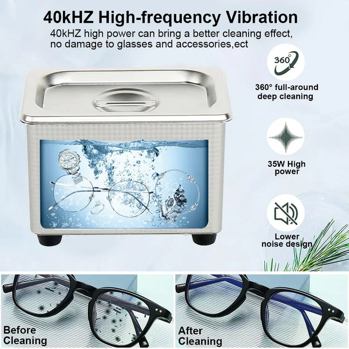 Hands-on view of ClearWave 40kHz ultrasonic cleaner, showing glasses inside for deep cleaning.