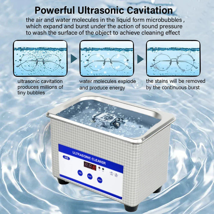 ClearWave 40kHz ultrasonic cleaner, stainless steel design, ideal for personal care & home cleaning.