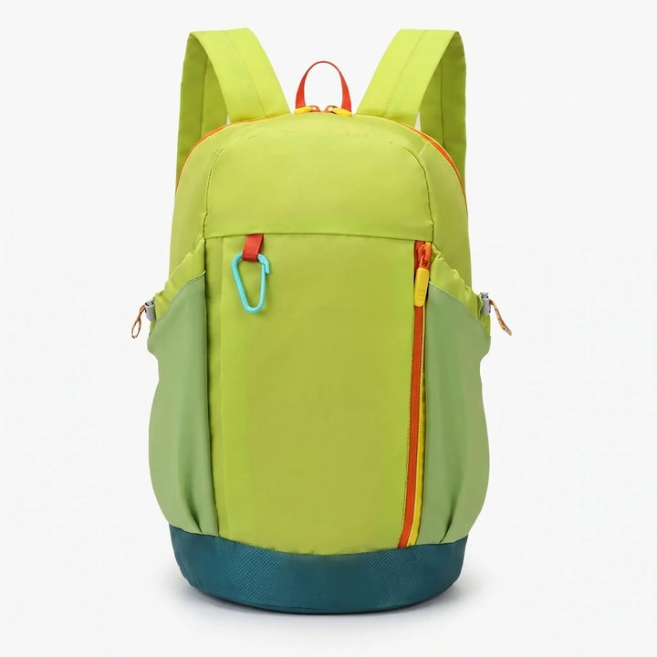 Unisex hiking daypack in black, on a trail, highlighting its versatile design for outdoor travel.