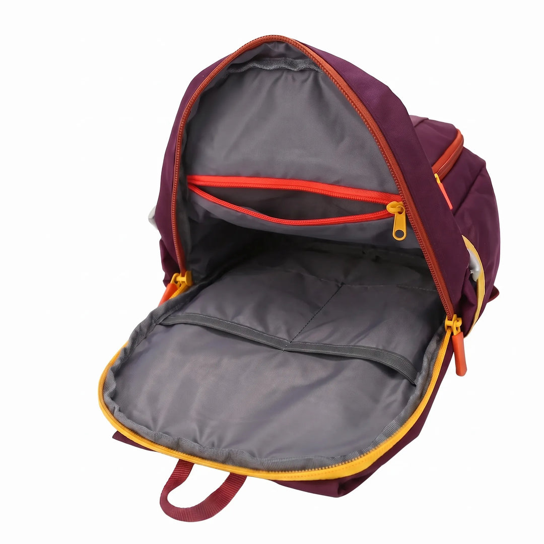 Side view of a red durable daypack, showcasing water bottle pockets for hiking & travel.