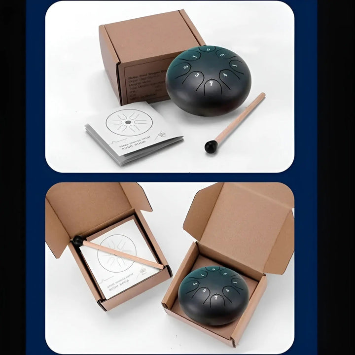 Dark finish steel tongue drum, a versatile instrument for music, meditation, & stress reduction.