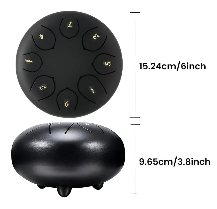 Portable steel tongue drum for travel, offering soothing sounds for relaxation on the go.