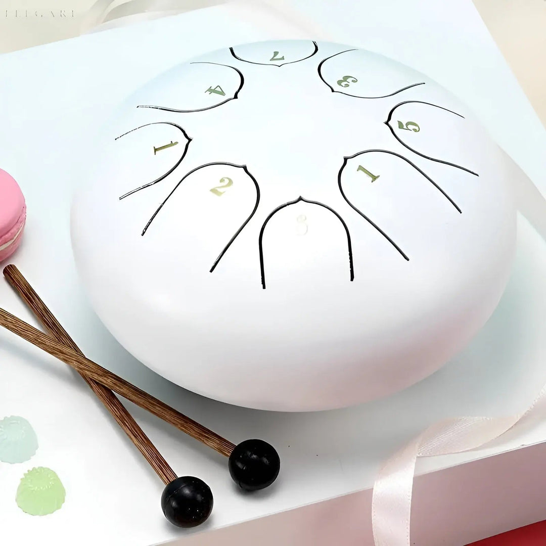 Elegant steel tongue drum, a portable musical instrument bringing peace & tranquility.