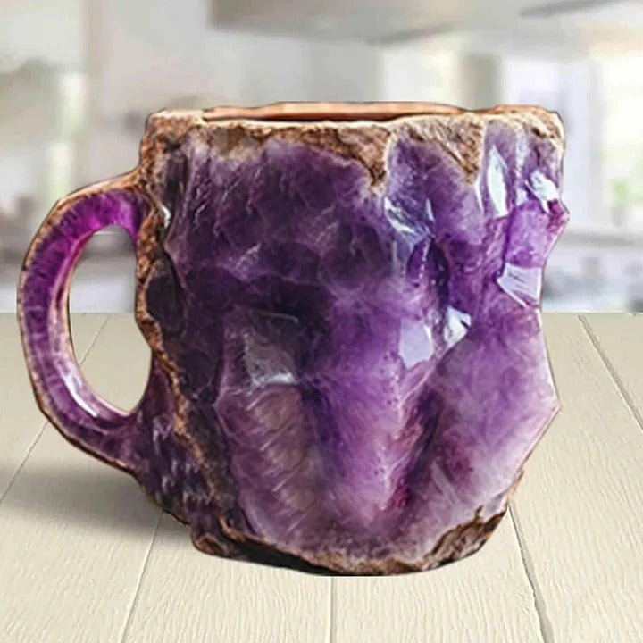 Close-up of a colorful crystal-inspired resin coffee mug, durable and elegant kitchenware.