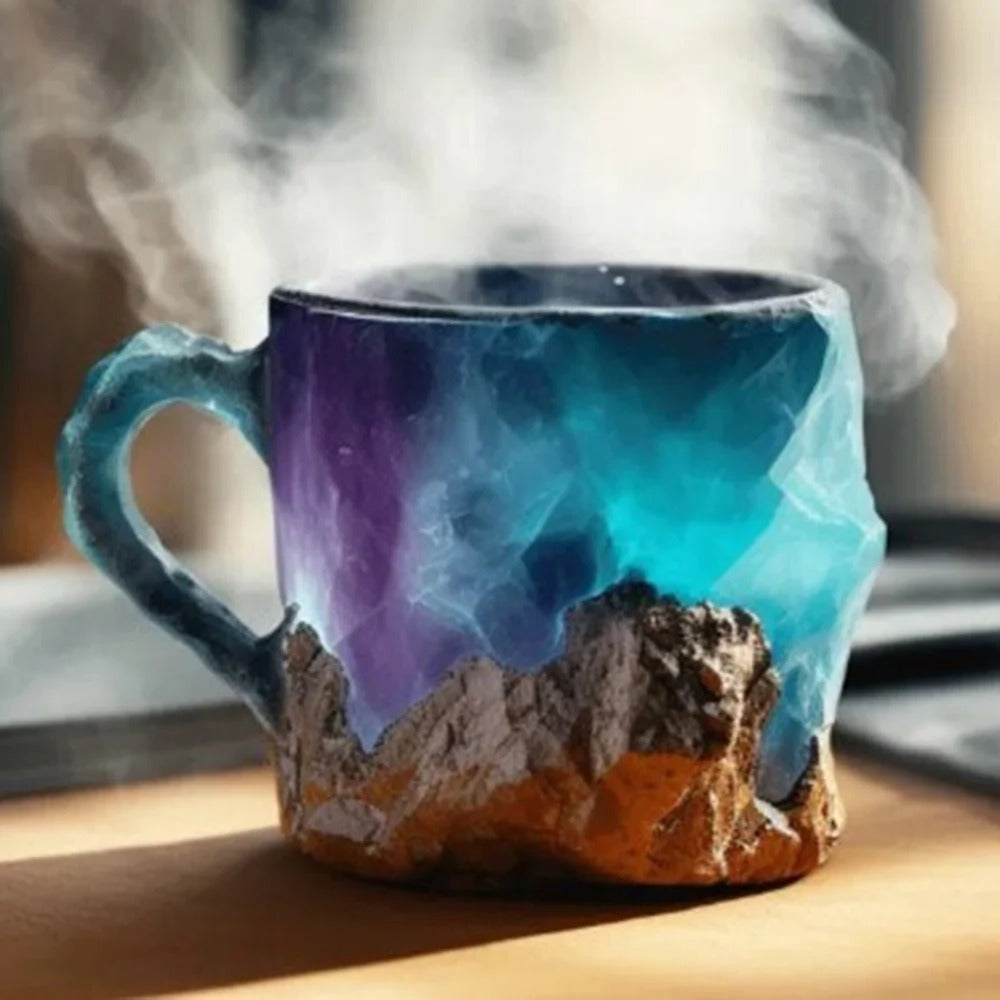 Modern unisex coffee mug, featuring a vibrant crystal-inspired design made from durable resin.