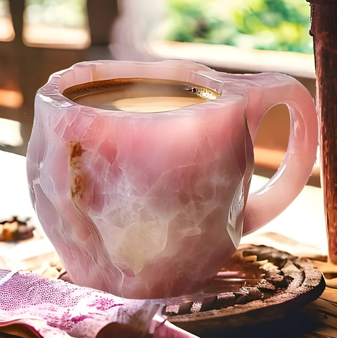 Hand-held durable resin mug, showing its crystal-inspired texture, ideal for everyday coffee or tea.