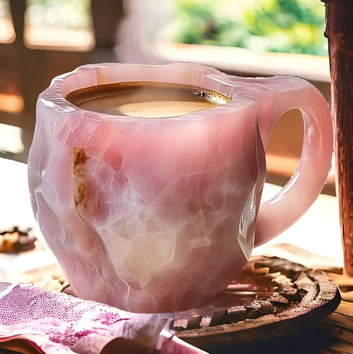 Hand-held durable resin mug, showing its crystal-inspired texture, ideal for everyday coffee or tea.