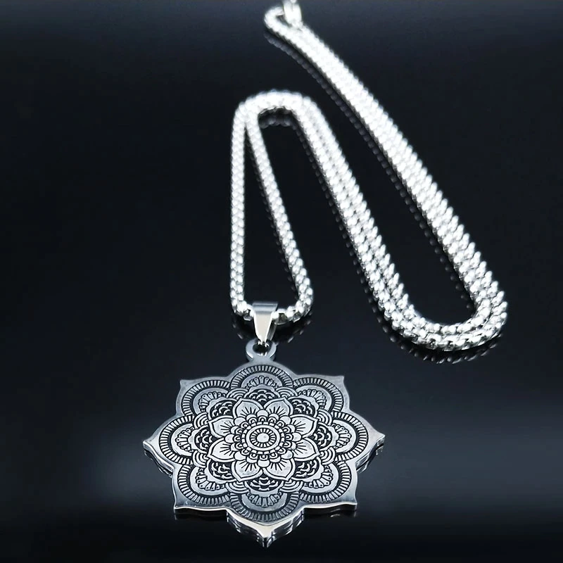 Elegant women's sterling silver lotus blossom necklace worn on a model, highlighting its spiritual and beautiful design.