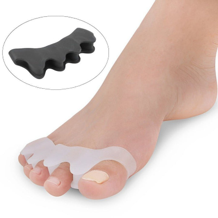Adjustable hammer toe splint worn on a foot, providing gentle straightening and bunion support for pain relief.