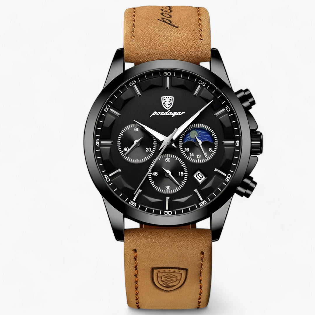 A sleek men's luxury waterproof watch with a dark leather strap, perfect for any occasion.