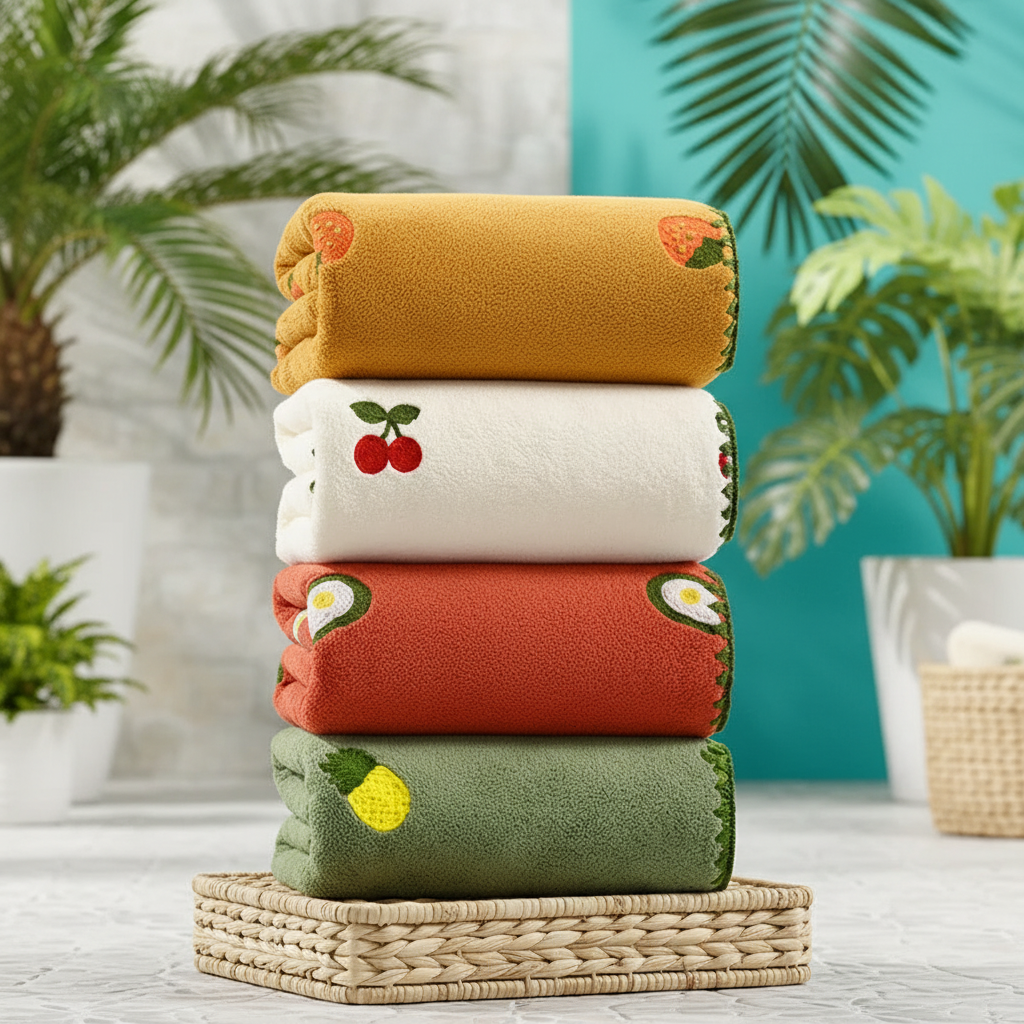 Close-up of a vibrant TropiTowel cotton towel with a charming fruit pattern, ideal for kitchen or bath