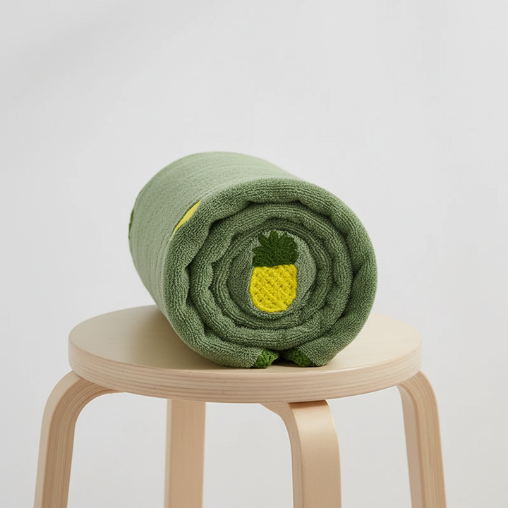 Stack of colorful fruit pattern cotton TropiTowels, perfect for adding a decorative touch to any home