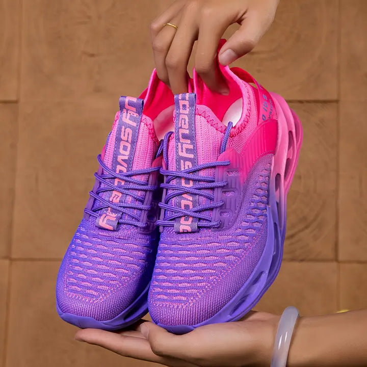 Side view of a women's comfortable walking shoe, showcasing its ergonomic design and flexible sole.