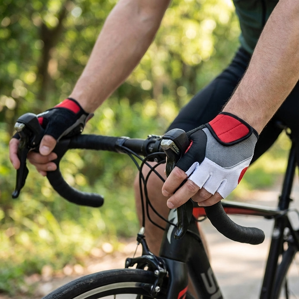 Close-up of Breathable Mesh Cycling Training Gloves in black, showcasing textured palm and flexible mesh back.