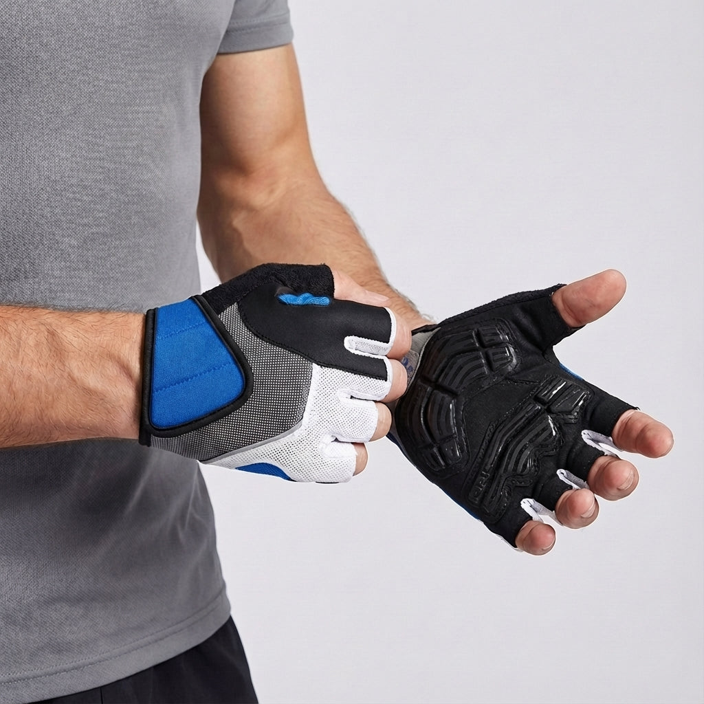 Sporty unisex cycling gloves, black, with gel padding and breathable mesh for comfortable, long training rides.