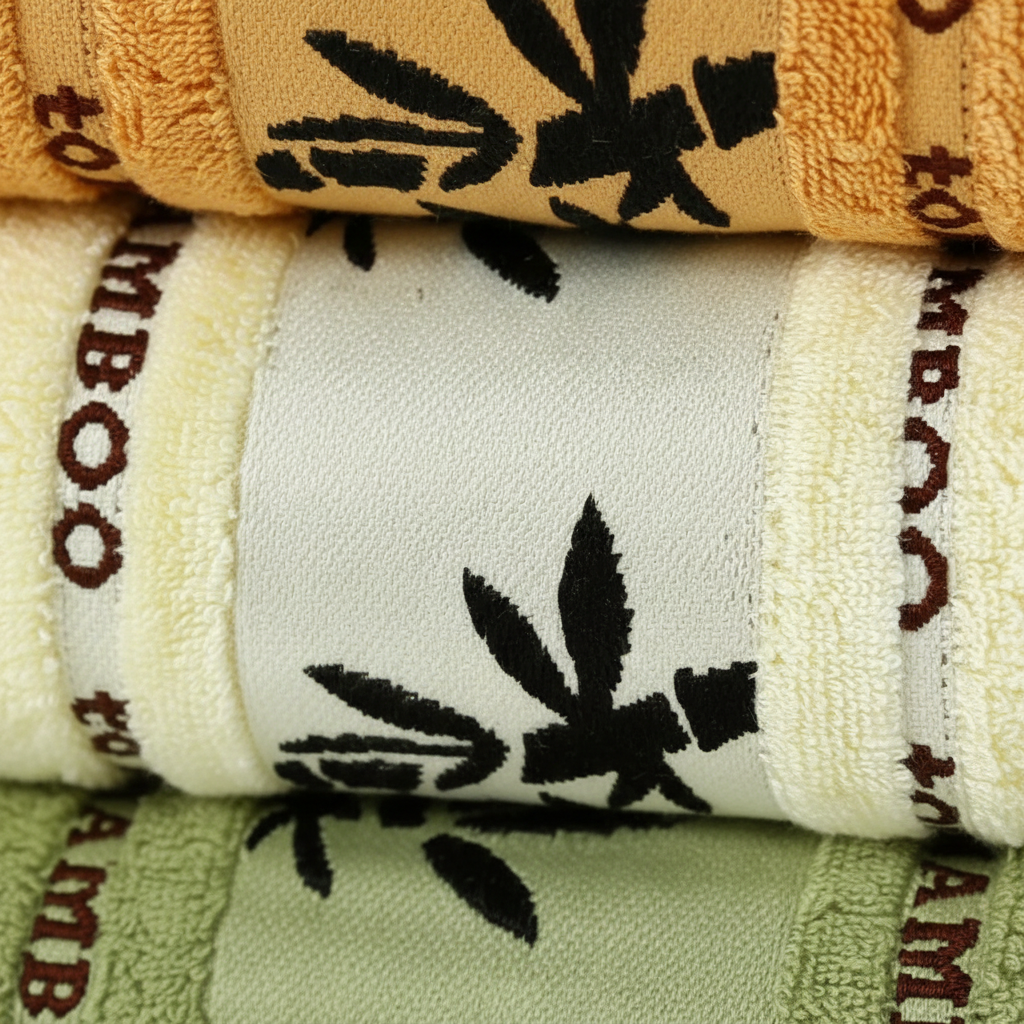 Stacked Eco-Friendly BambooLuxe towel set, showcasing luxurious softness and quick-drying qualities for bathroom use.