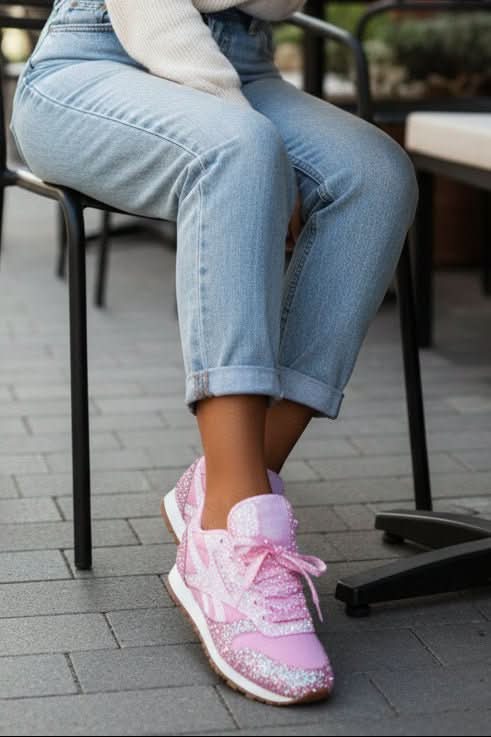 Stylish low-top women's fashion sneakers with dazzling glitter, ideal for casual and walking comfort.