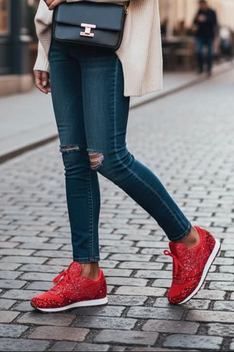 Women's sparkling glitter sneakers shown from the side, emphasizing their fashion and comfort.