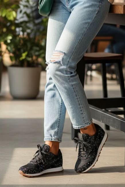 Front view of trendy women's low-top glitter sneakers, a stylish choice for everyday comfortable wear.