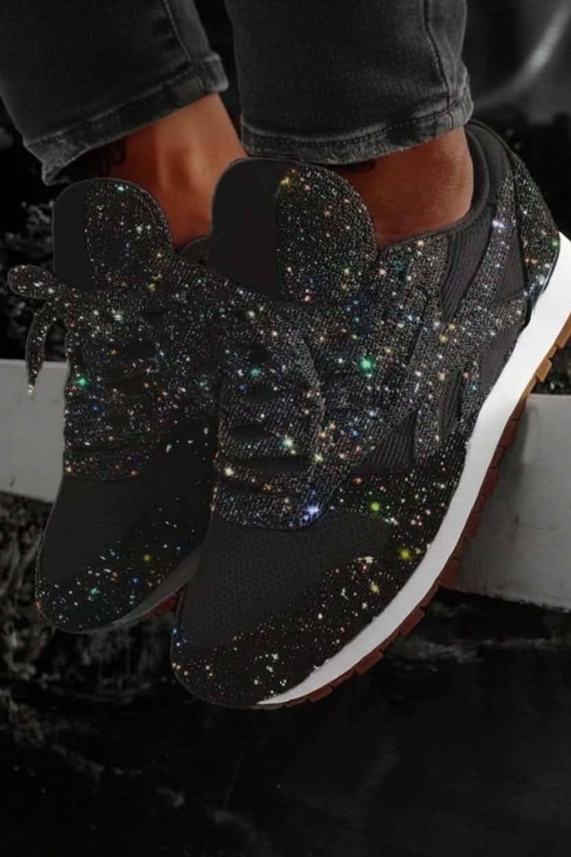 Detail shot of women's sequin sneakers, highlighting the shimmering texture and fashionable design.