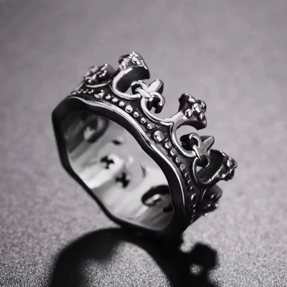 Close-up of the Royal Crown Ring, stainless steel, vintage style.