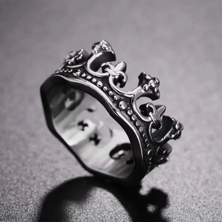 Close-up of the Royal Crown Ring, stainless steel, vintage style.