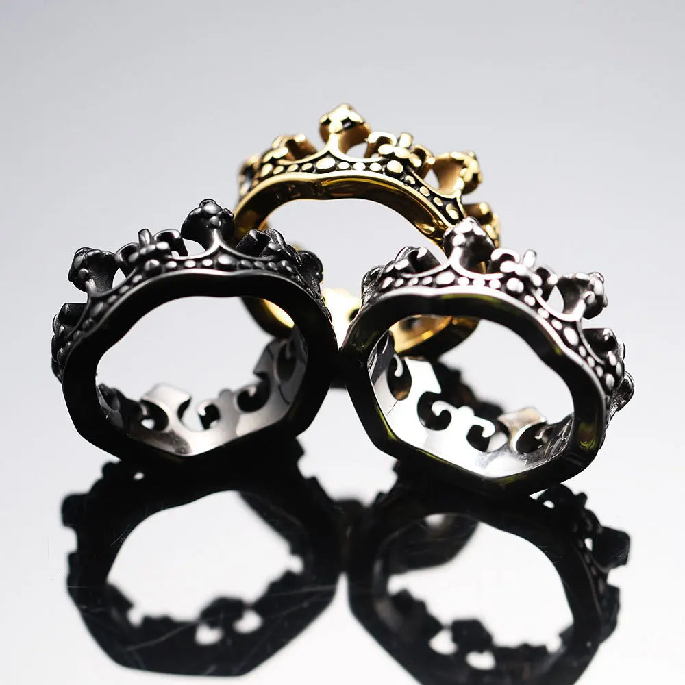 Fleur de lis Royal Crown Ring, stainless steel, unisex, vintage aesthetic.
