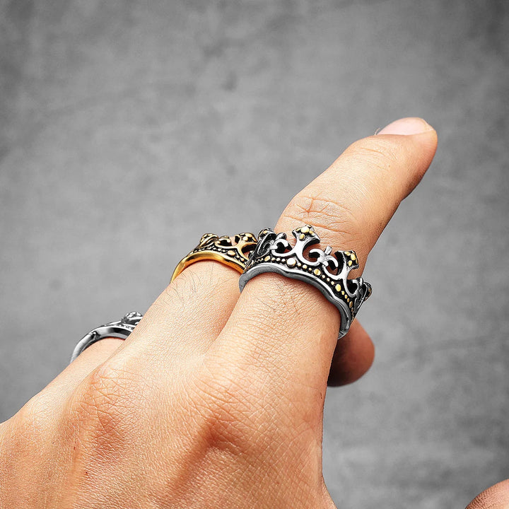 Vintage Royal Crown Ring, Kingmaker band, polished stainless steel, unisex.