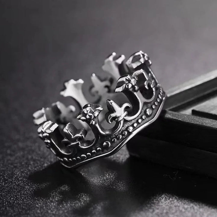 Unisex Kingmaker Crown Ring, stainless steel band, intricate royal design.
