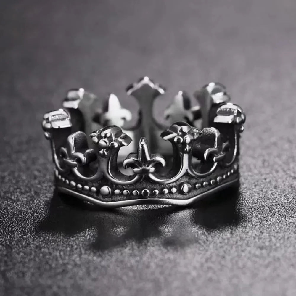 Stainless steel Royal Crown Ring, unisex, featuring detailed fleur de lis.