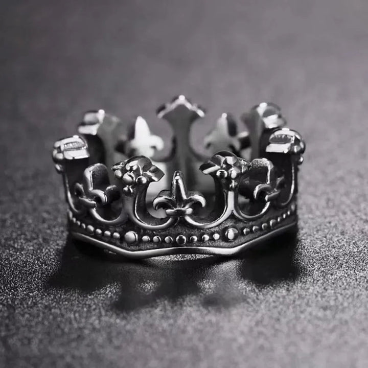 Stainless steel Royal Crown Ring, unisex, featuring detailed fleur de lis.