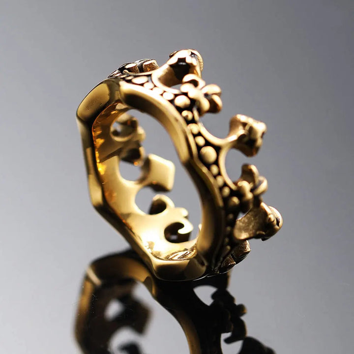 Vintage-style Royal Crown Ring, Kingmaker design, polished stainless steel.