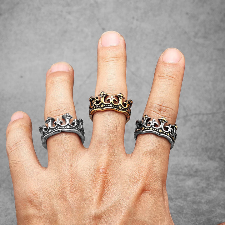 Kingmaker stainless steel ring, royal crown design, unisex statement piece.