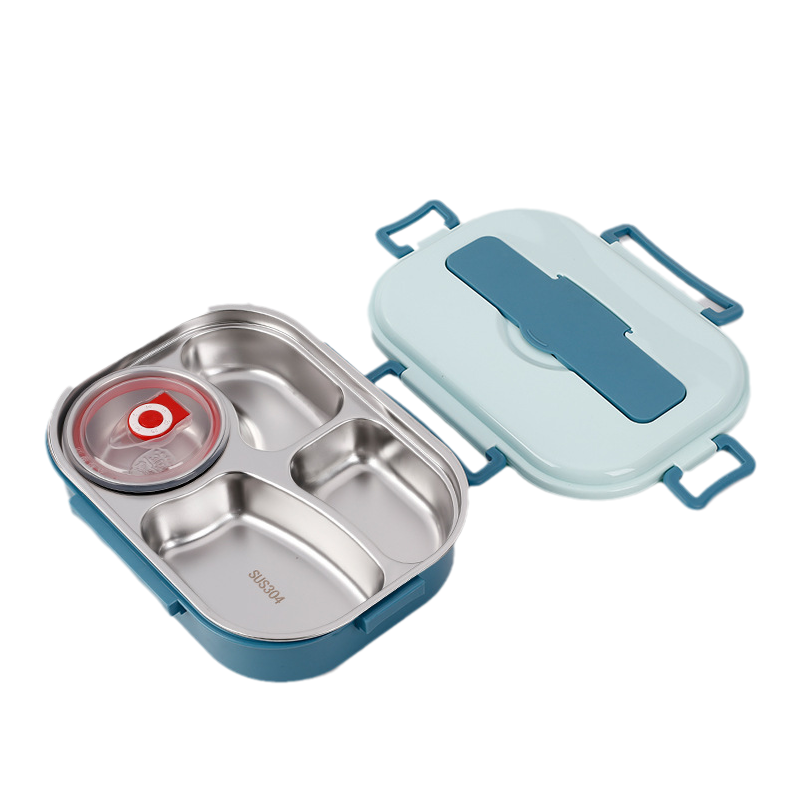 Unpacked insulated stainless steel bento lunchbox, ready for school, work, or outdoor picnics.