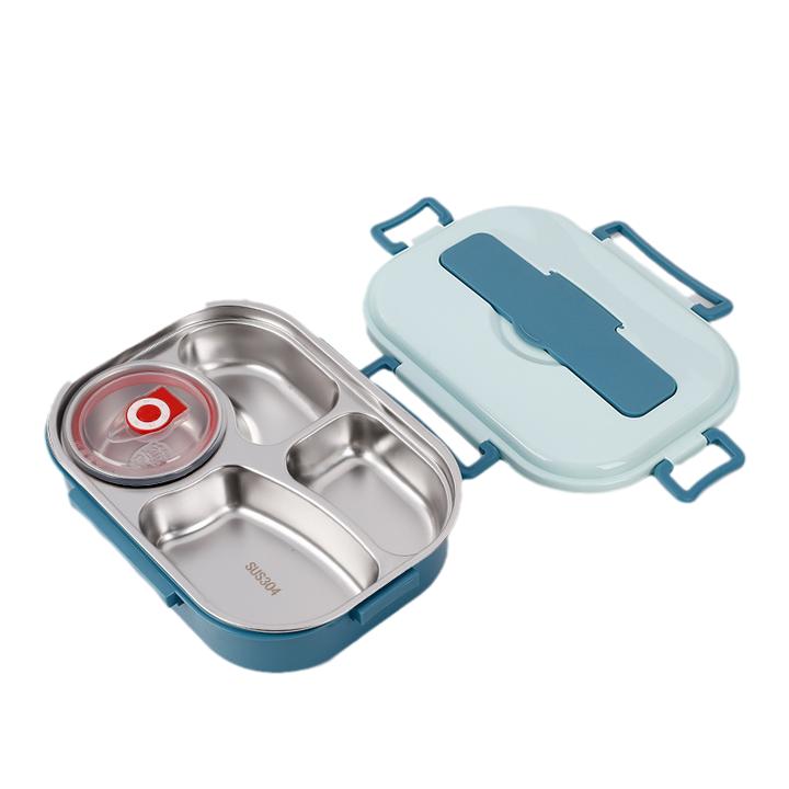 Unpacked insulated stainless steel bento lunchbox, ready for school, work, or outdoor picnics.