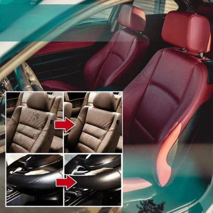 Close-up of Universal Leather Repair Gel, restoring a cracked car seat.