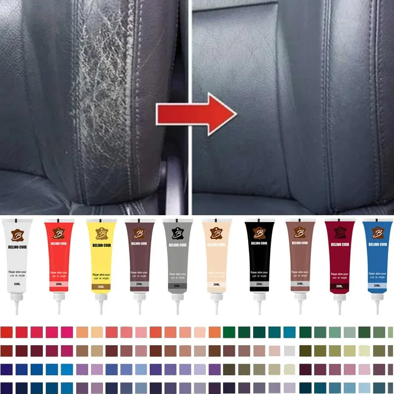 Before & after: Universal Leather Repair Gel fixing rips on a black auto seat.