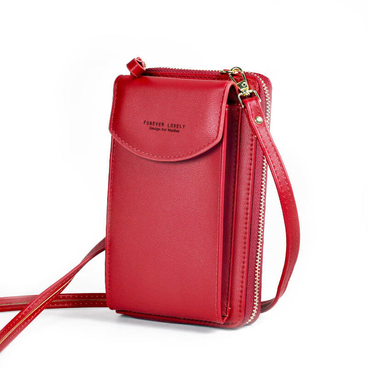 Front view of women's PU leather crossbody bag, adjustable for shoulder wear, modern and sleek.