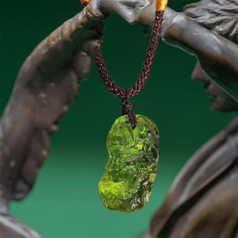 Close-up of Women's Green Moldavite Necklace for spiritual healing & energy purification.