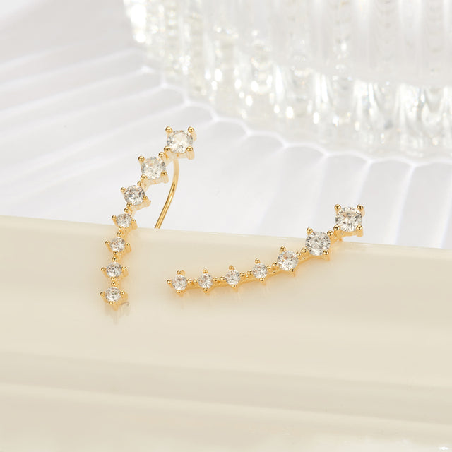 Woman wearing long sterling silver sparkling dangle earrings for evening wear.